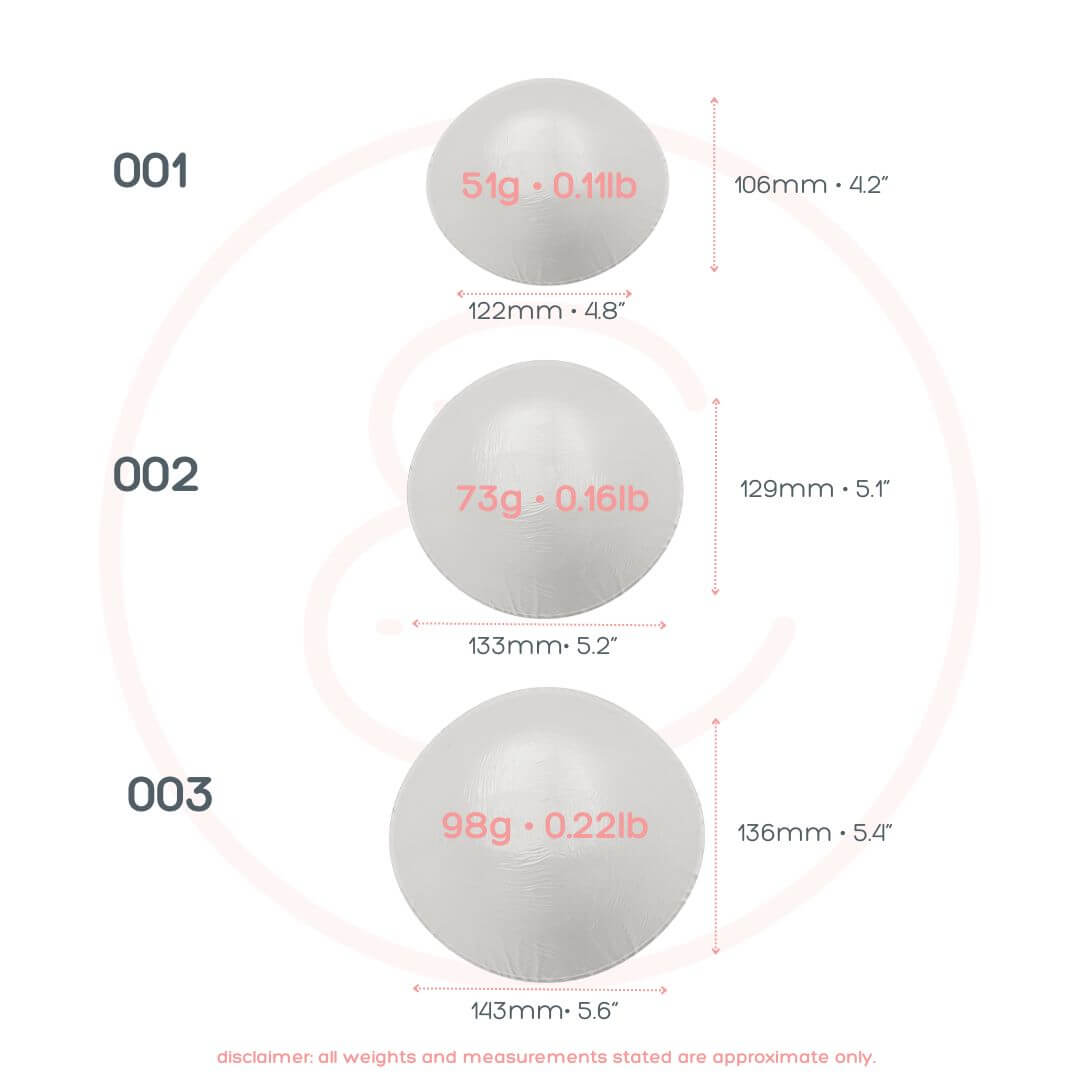 Three breast inserts with measurements and weights on a white background

