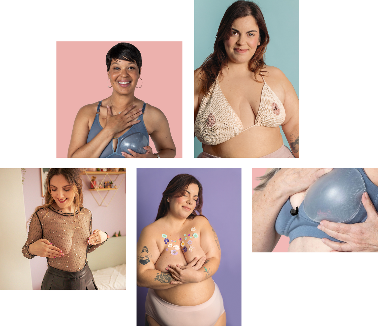 Collage of models wearing evenly bra inserts for breast asymmetry