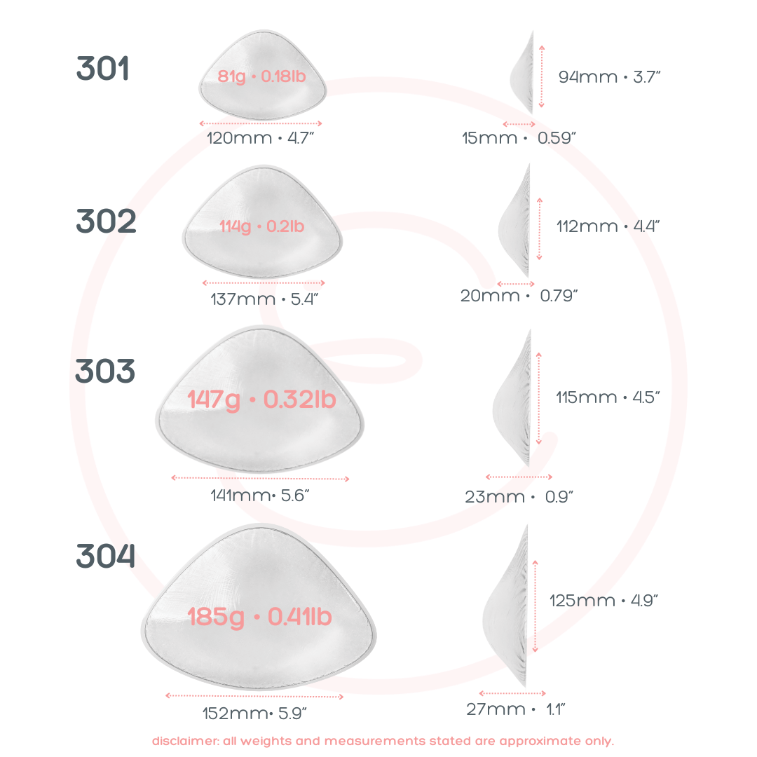 Measurement chart of different sizes of a product with weights and dimensions.

