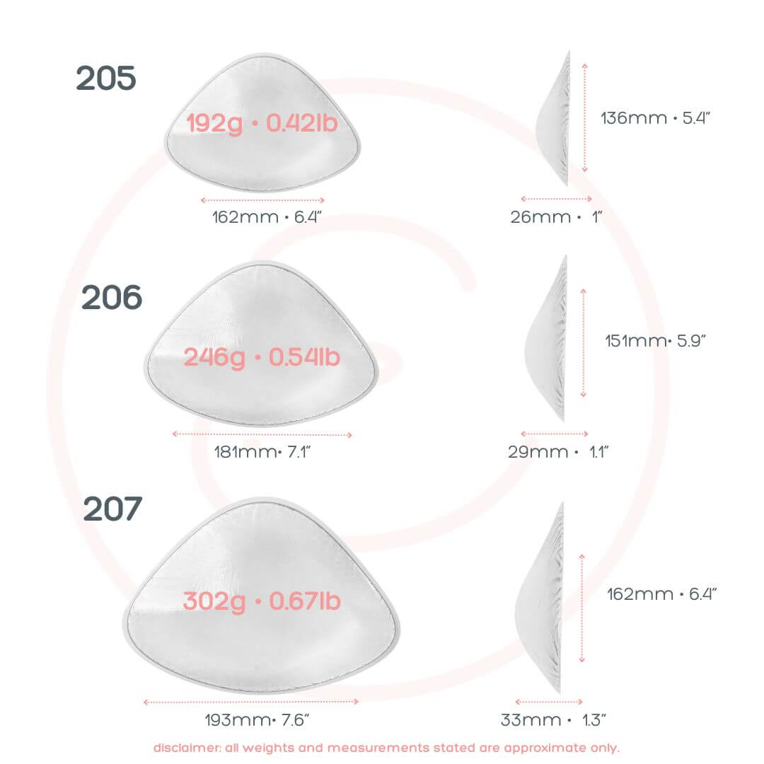 Diagram showing different sizes of evenly bra balancers with measurements and weights.