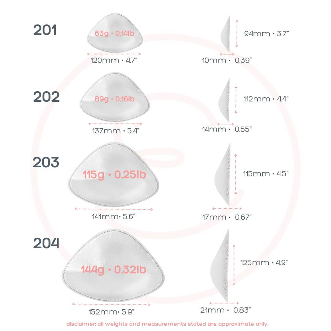Diagram showing different sizes of evenly bra balancers with measurements and weights.

